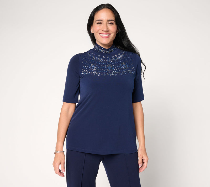 Susan Graver Occasions Liquid Knit Embellished Mock-Neck Top — View 12