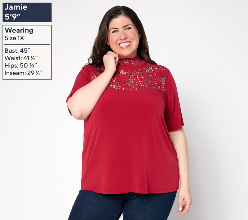 Susan Graver Occasions Liquid Knit Embellished Mock-Neck Top — View 3