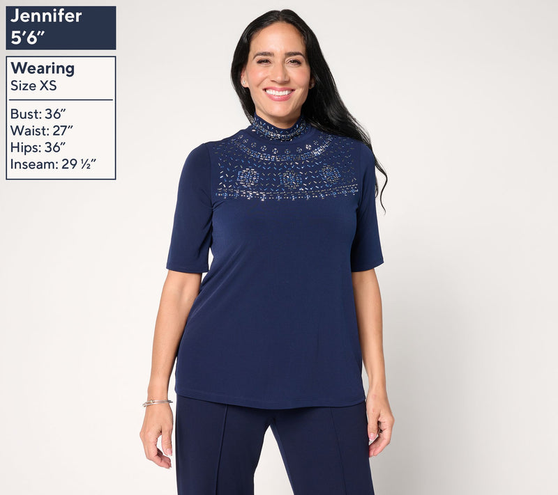 Susan Graver Occasions Liquid Knit Embellished Mock-Neck Top — View 4