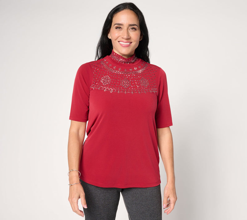 Susan Graver Occasions Liquid Knit Embellished Mock-Neck Top — View 13