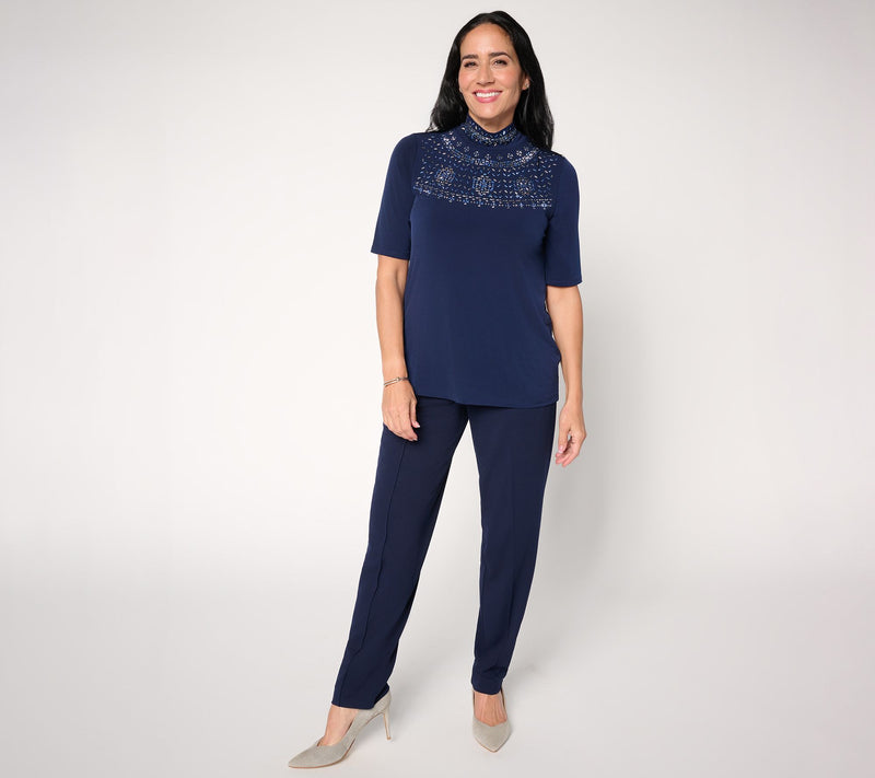 Susan Graver Occasions Liquid Knit Embellished Mock-Neck Top — View 6