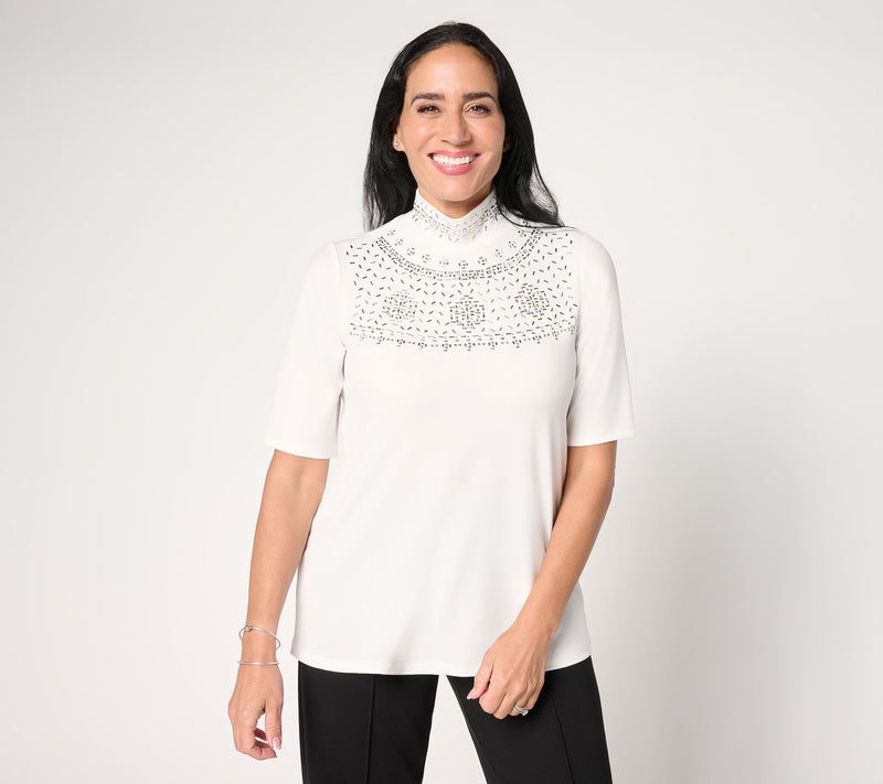Susan Graver Occasions Liquid Knit Embellished Mock-Neck Top — View 14