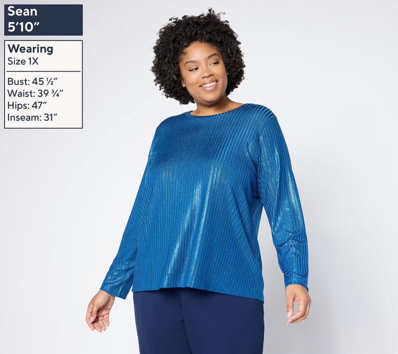 Susan Graver Metallic Rib Knit Crew Neck Top — View 2