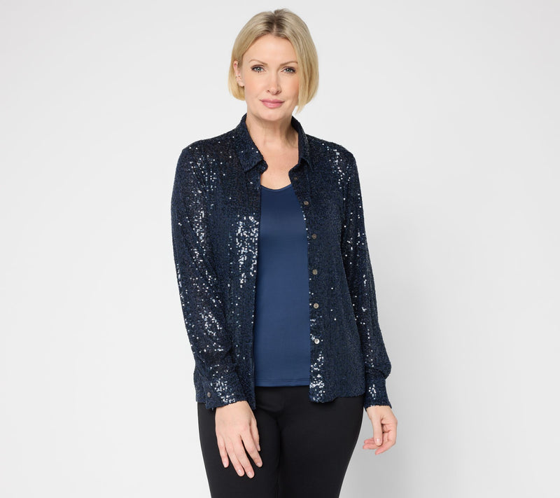 Susan Graver Occasions Sequin Button Front Top with Cami — View 5