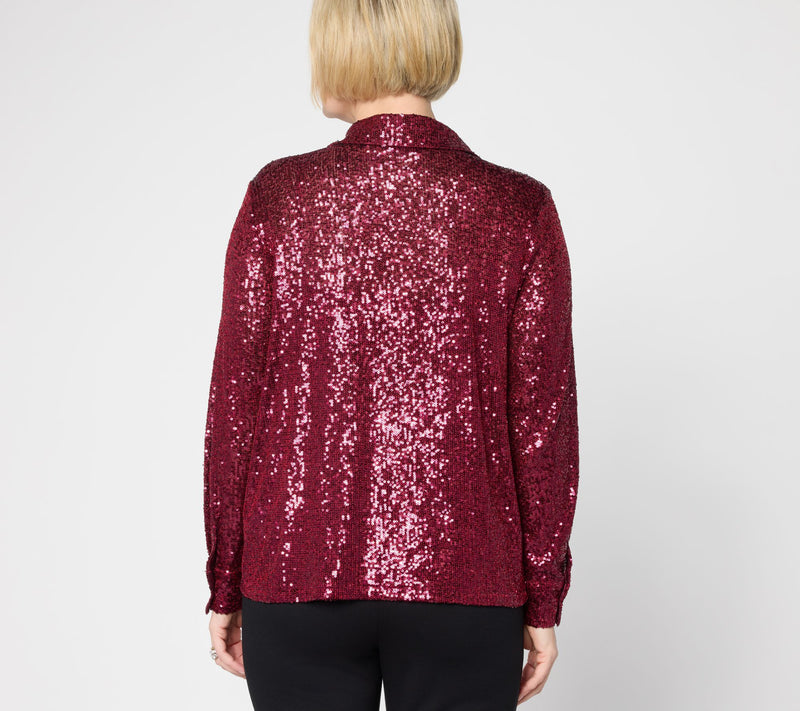 Susan Graver Occasions Sequin Button Front Top with Cami — View 10