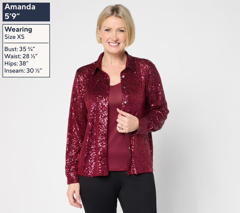 Susan Graver Occasions Sequin Button Front Top with Cami — View 9