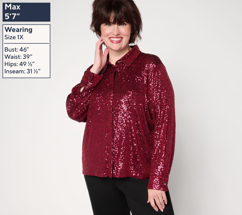 Susan Graver Occasions Sequin Button Front Top with Cami — View 8