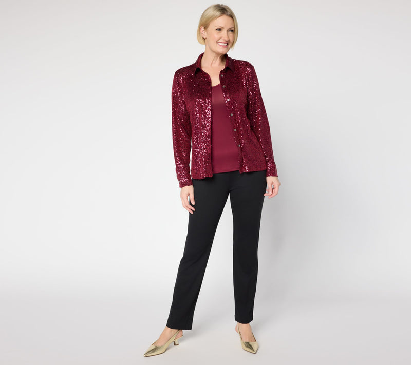Susan Graver Occasions Sequin Button Front Top with Cami — View 11