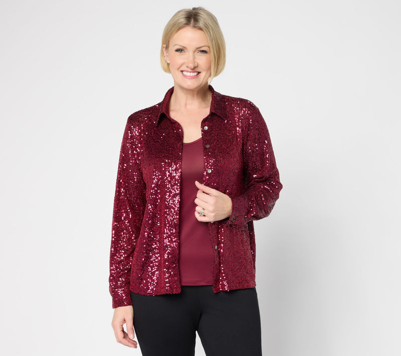 Susan Graver Occasions Sequin Button Front Top with Cami — View 7