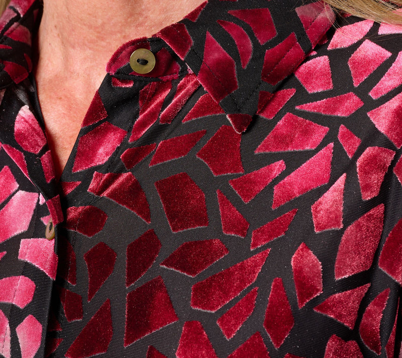 Susan Graver Printed Burn-Out Knit Velvet Button Front Shirt — View 9