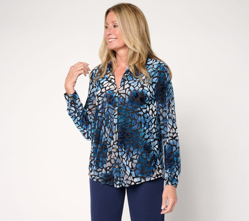 Susan Graver Printed Burn-Out Knit Velvet Button Front Shirt — View 11