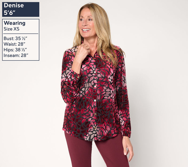 Susan Graver Printed Burn-Out Knit Velvet Button Front Shirt — View 6