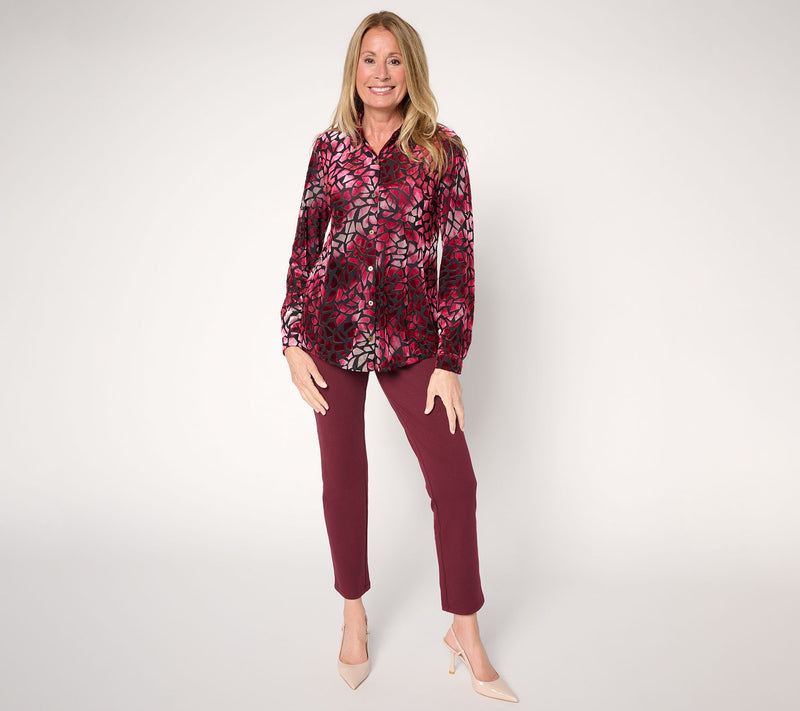 Susan Graver Printed Burn-Out Knit Velvet Button Front Shirt — View 8