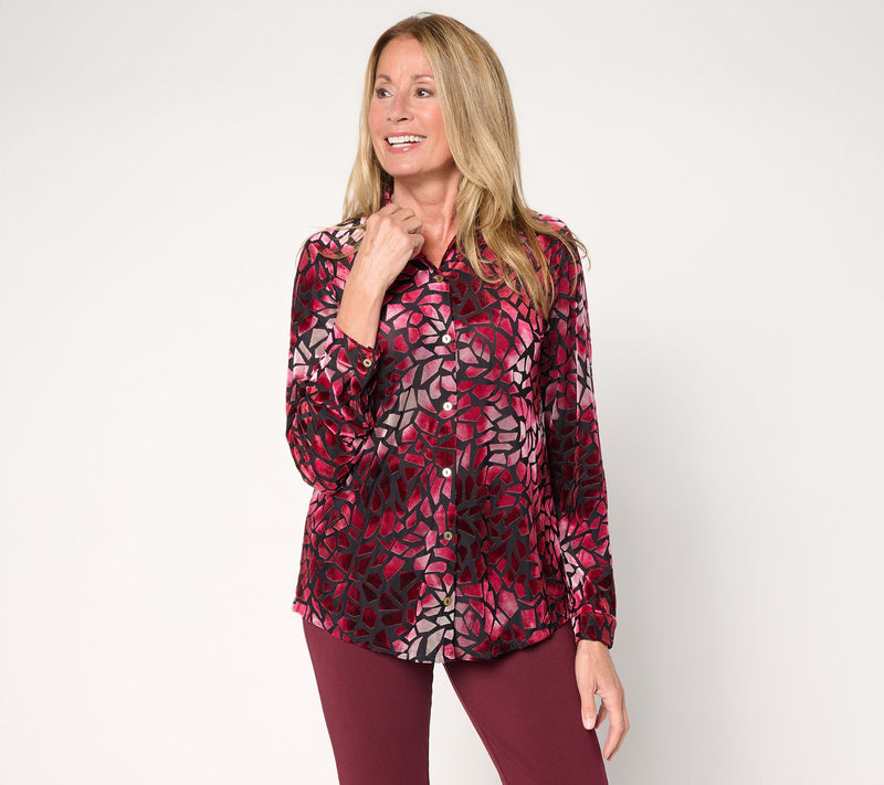 Susan Graver Printed Burn-Out Knit Velvet Button Front Shirt — View 14