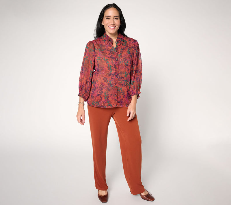 Susan Graver Printed Sheer Woven Metallic Clipped Jacquard Blouse — View 6