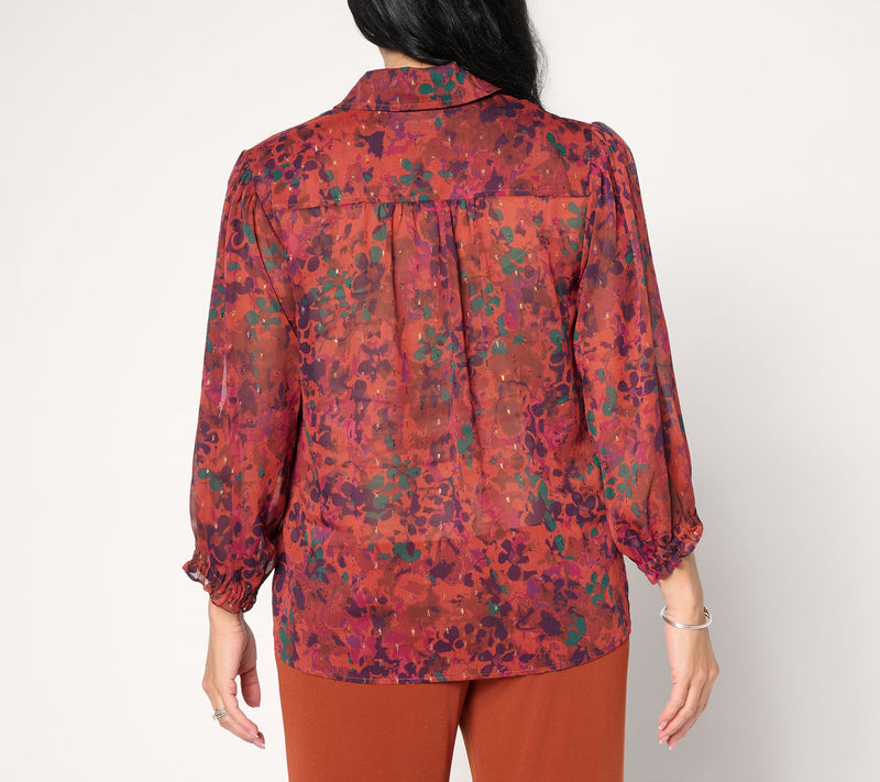 Susan Graver Printed Sheer Woven Metallic Clipped Jacquard Blouse — View 5