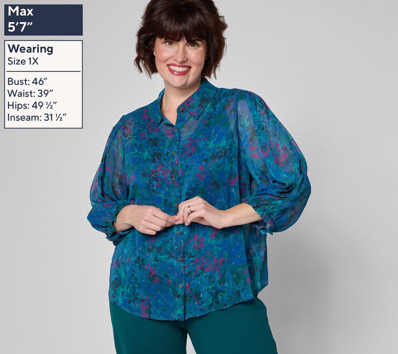 Susan Graver Printed Sheer Woven Metallic Clipped Jacquard Blouse — View 3