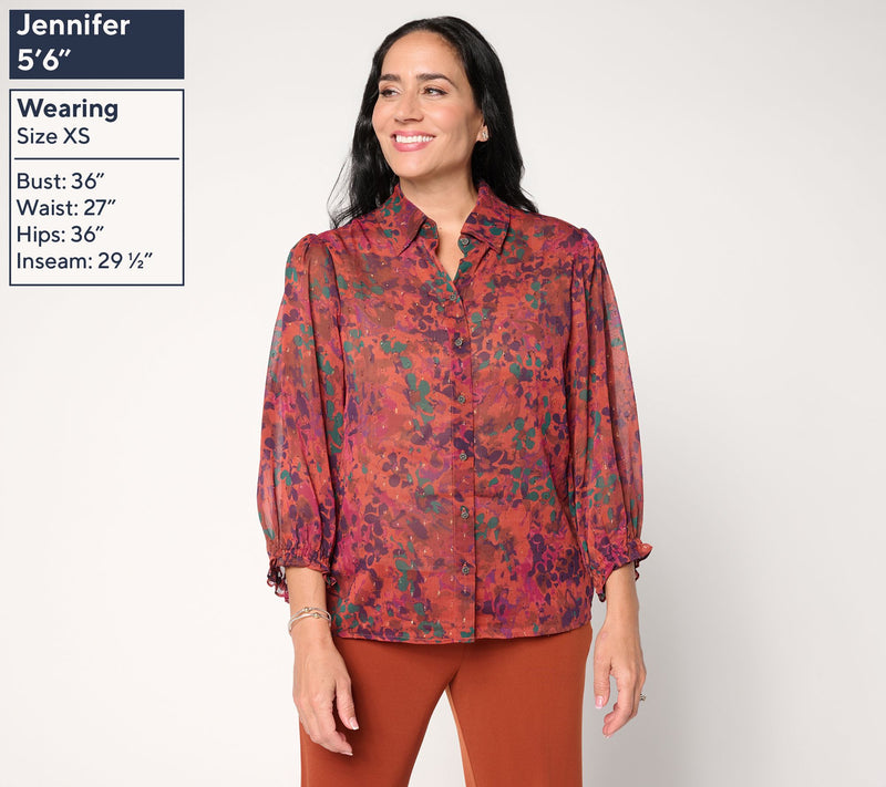 Susan Graver Printed Sheer Woven Metallic Clipped Jacquard Blouse — View 4