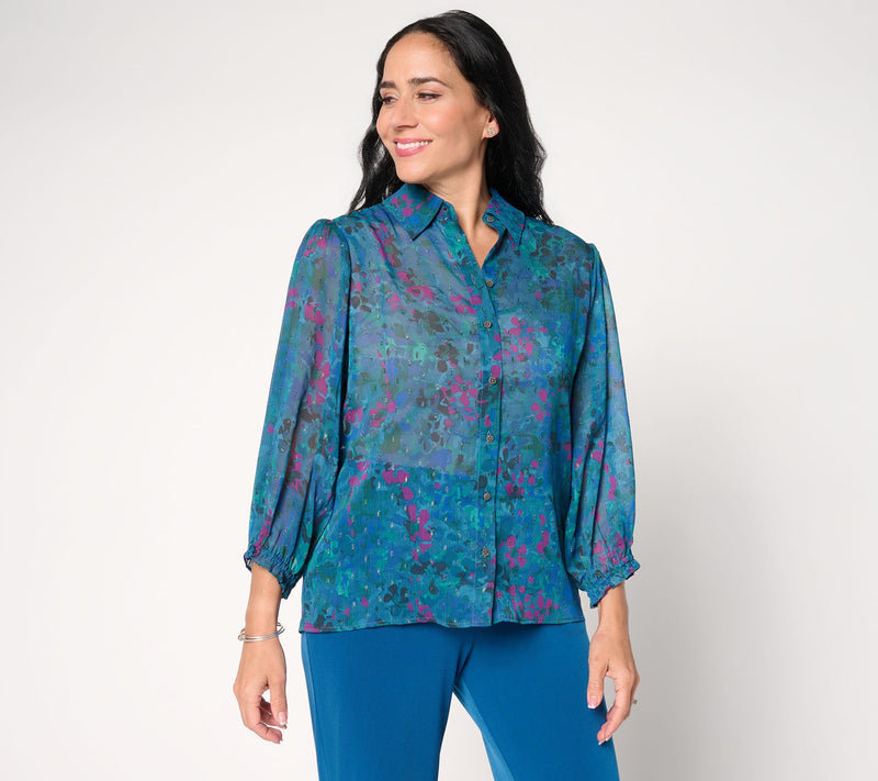 Susan Graver Printed Sheer Woven Metallic Clipped Jacquard Blouse — View 9