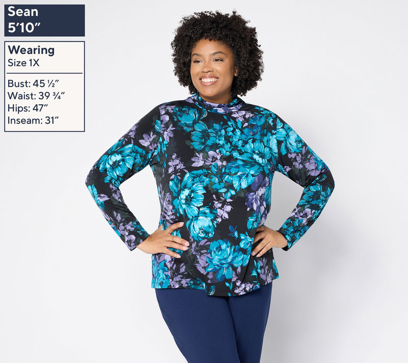 Susan Graver Set of 2 Liquid Knit Print & SolId Turtleneck Tops — View 2