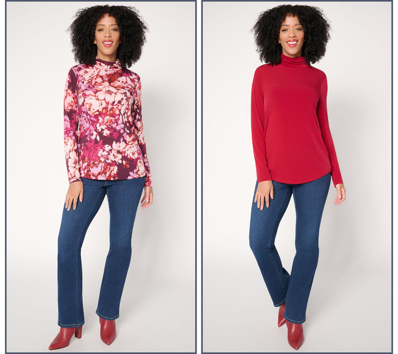 Susan Graver Set of 2 Liquid Knit Print & SolId Turtleneck Tops — View 5