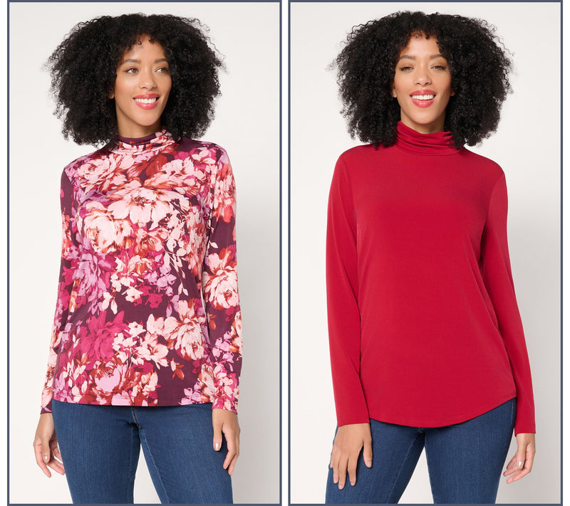 Susan Graver Set of 2 Liquid Knit Print & SolId Turtleneck Tops — Main view