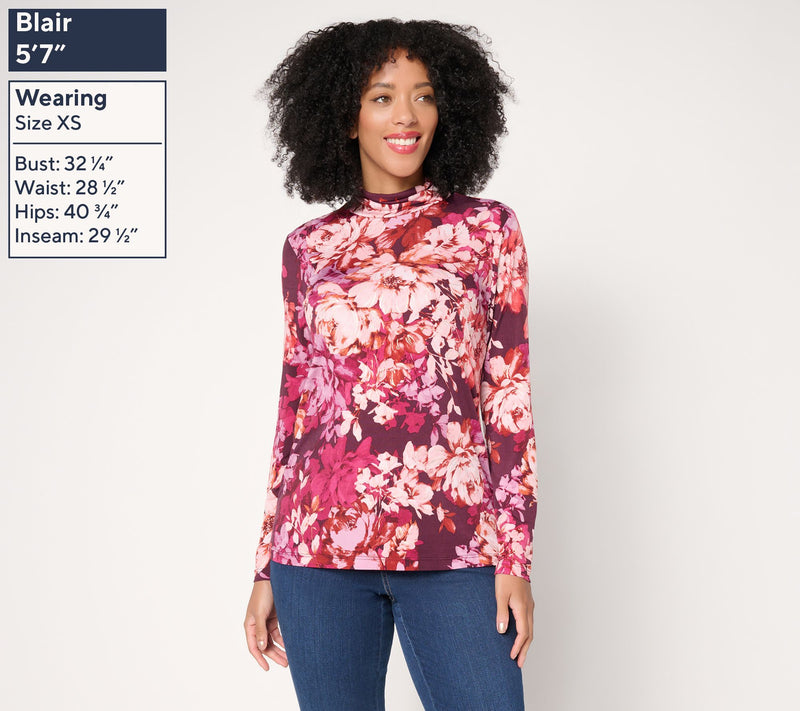 Susan Graver Set of 2 Liquid Knit Print & SolId Turtleneck Tops — View 3