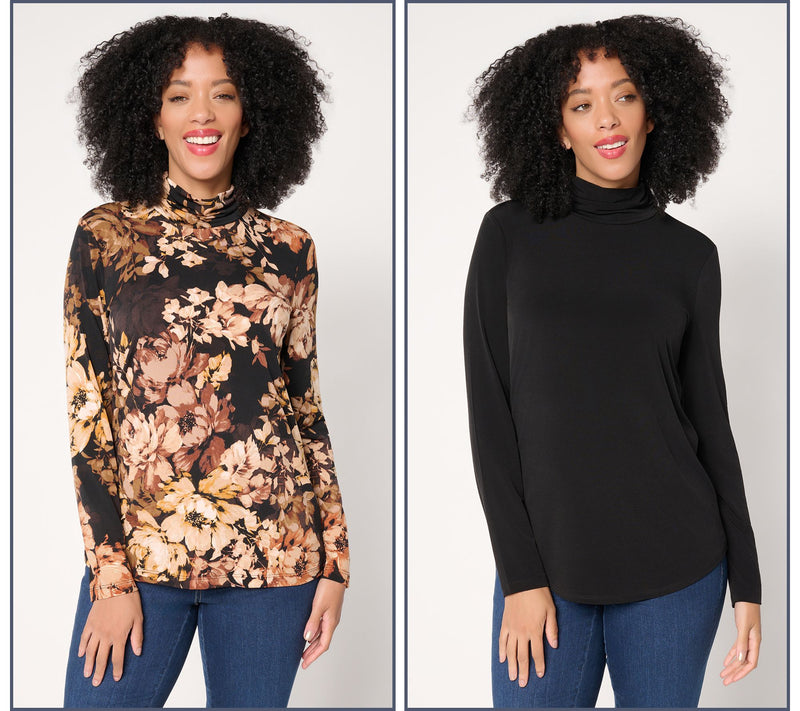 Susan Graver Set of 2 Liquid Knit Print & SolId Turtleneck Tops — View 11