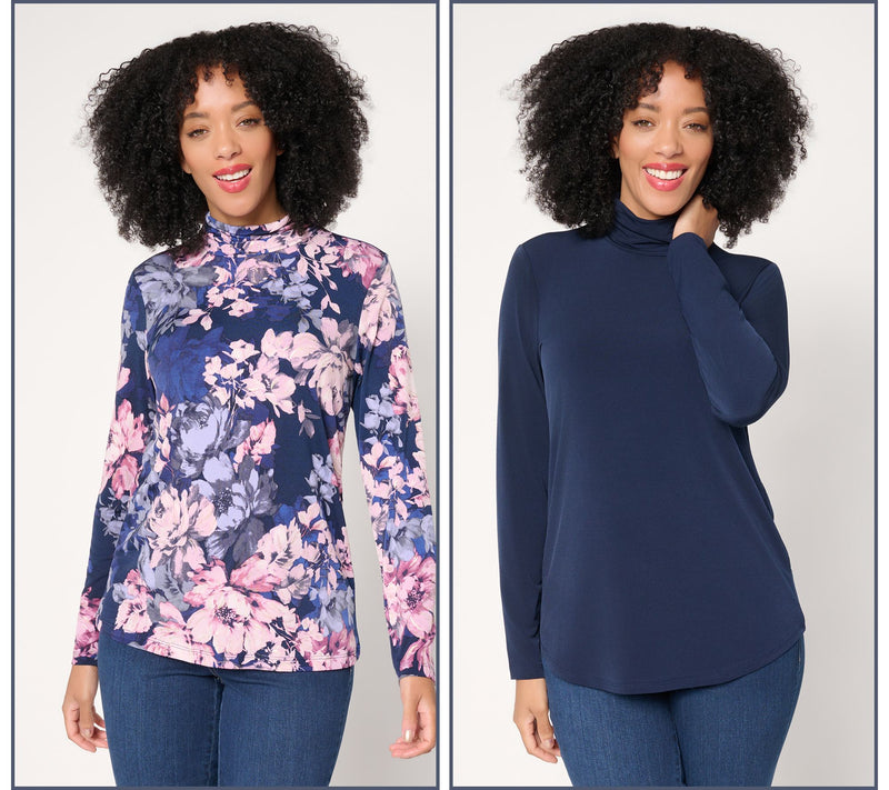 Susan Graver Set of 2 Liquid Knit Print & SolId Turtleneck Tops — View 12