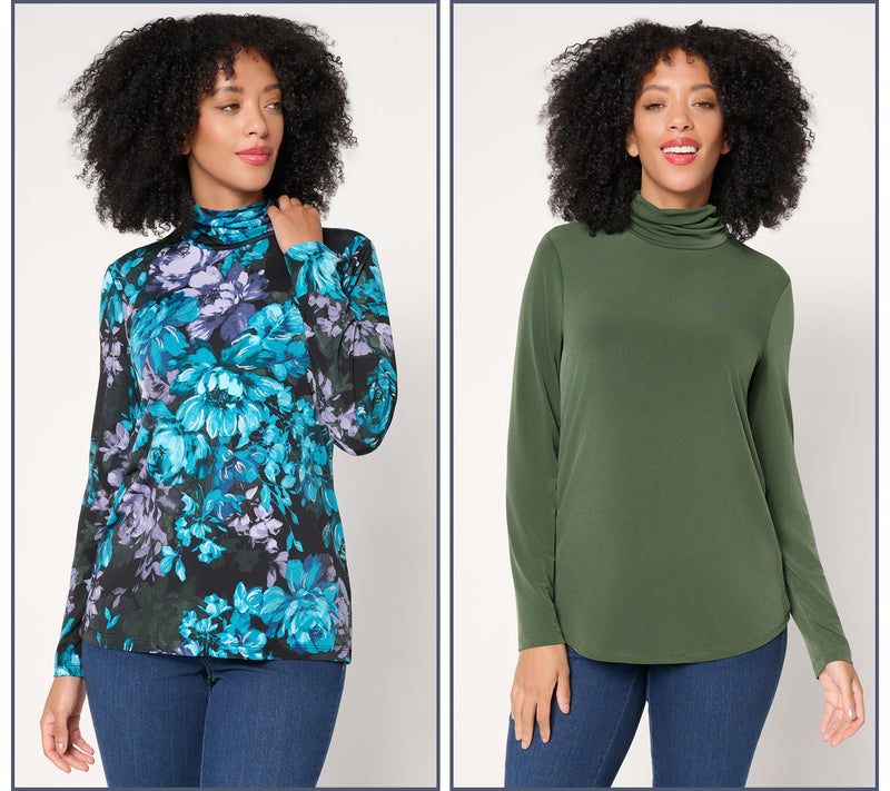 Susan Graver Set of 2 Liquid Knit Print & SolId Turtleneck Tops — View 14