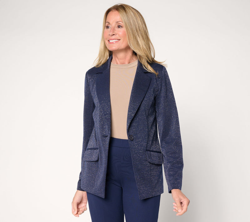 Susan Graver Regular Soft Metallic Knit Notch Collar Blazer — Main view