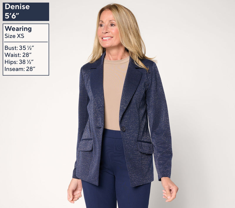 Susan Graver Regular Soft Metallic Knit Notch Collar Blazer — View 3