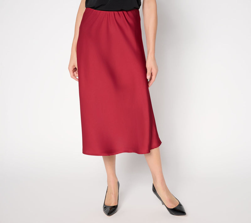 Susan Graver Petite Satin Pull-On Midi Skirt — View 2