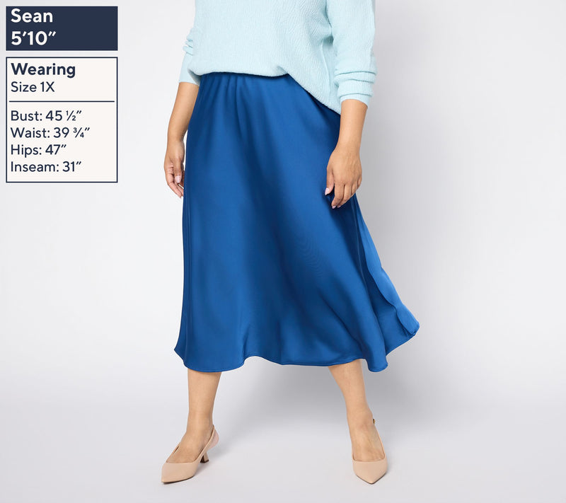 Susan Graver Petite Satin Pull-On Midi Skirt — View 3