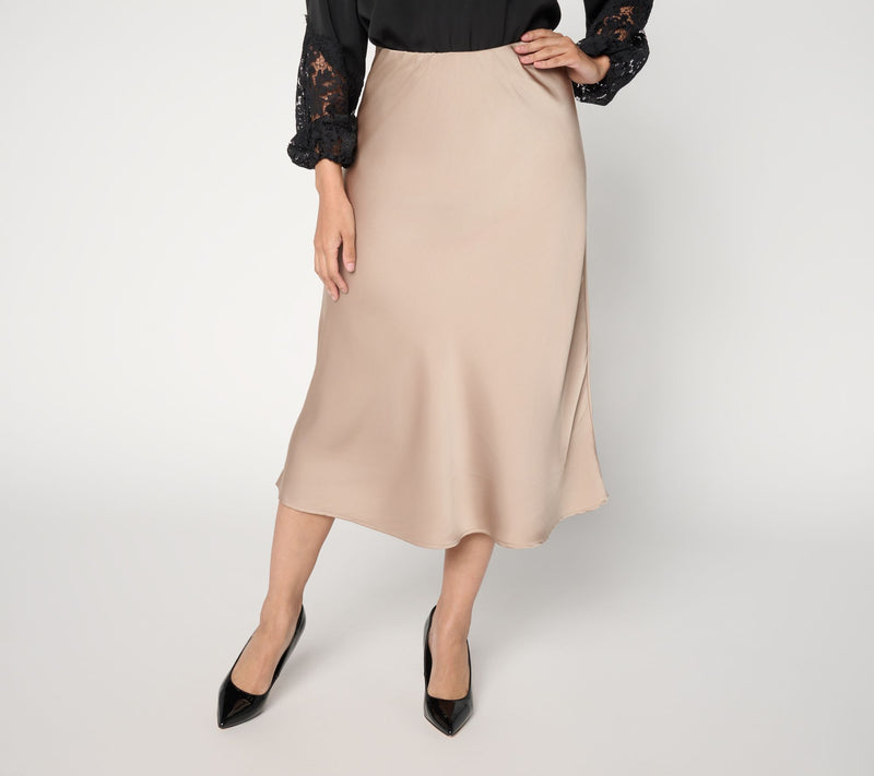 Susan Graver Petite Satin Pull-On Midi Skirt — Main view