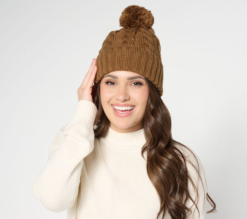 Susan Graver Cable Knit Cuffed Hat with Pom Pom — View 9