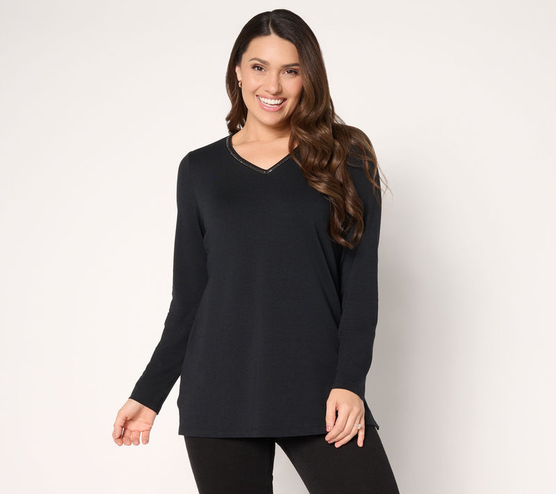 Denim & Co. Regular Favorite Jersey Beaded V-Neck Tunic — Main view