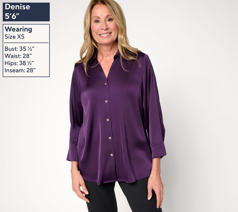 Denim & Co. Stretch Satin Button Front Long Sleeve Blouse — View 3