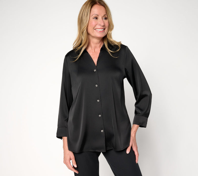 Denim & Co. Stretch Satin Button Front Long Sleeve Blouse — View 10