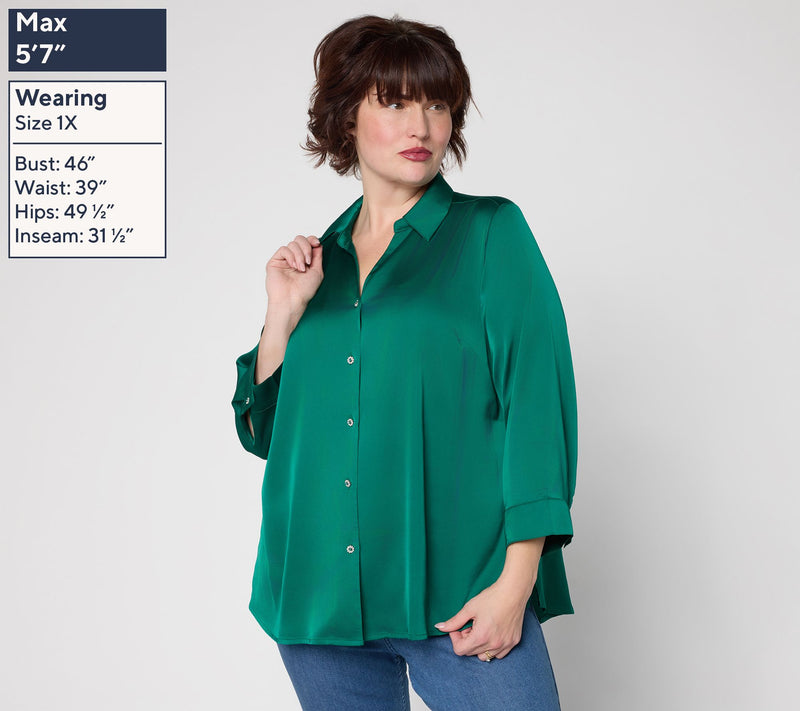 Denim & Co. Stretch Satin Button Front Long Sleeve Blouse — View 2