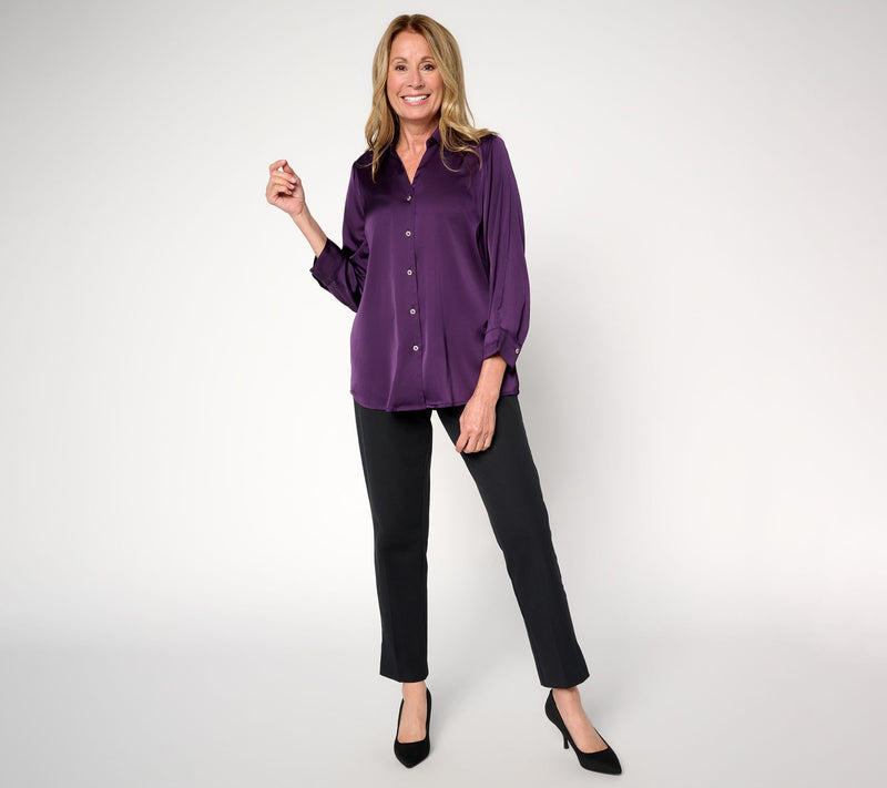 Denim & Co. Stretch Satin Button Front Long Sleeve Blouse — View 5