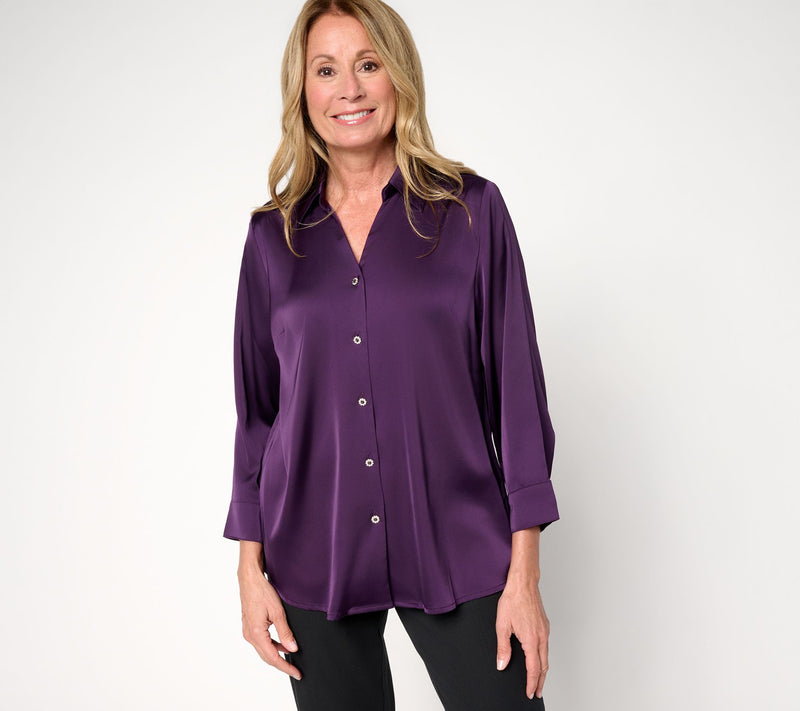 Denim & Co. Stretch Satin Button Front Long Sleeve Blouse — Main view