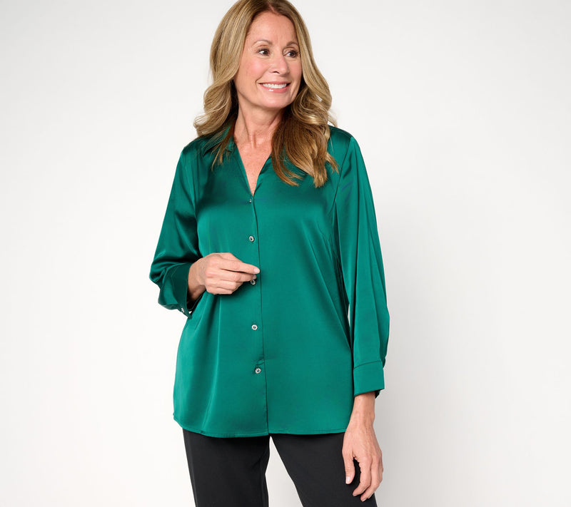 Denim & Co. Stretch Satin Button Front Long Sleeve Blouse — View 12