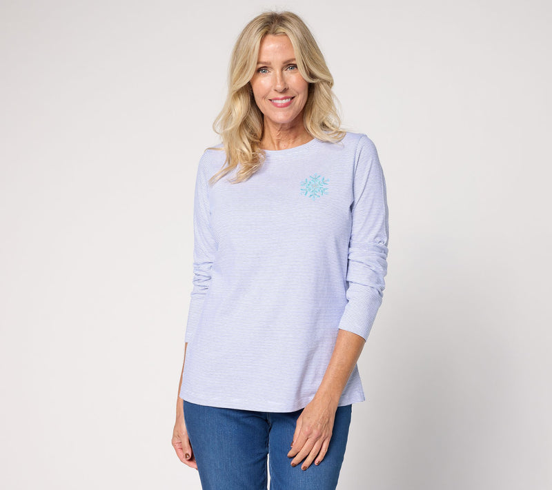 Denim & Co. 100% Cotton Stripe or Solid Snowflake Long Sleeve Top — Main view