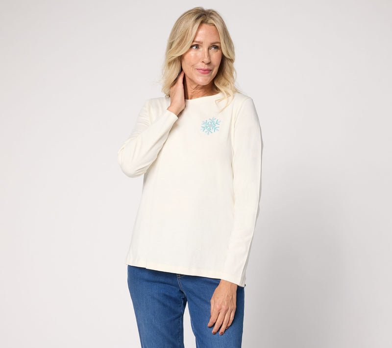 Denim & Co. 100% Cotton Stripe or Solid Snowflake Long Sleeve Top — View 11