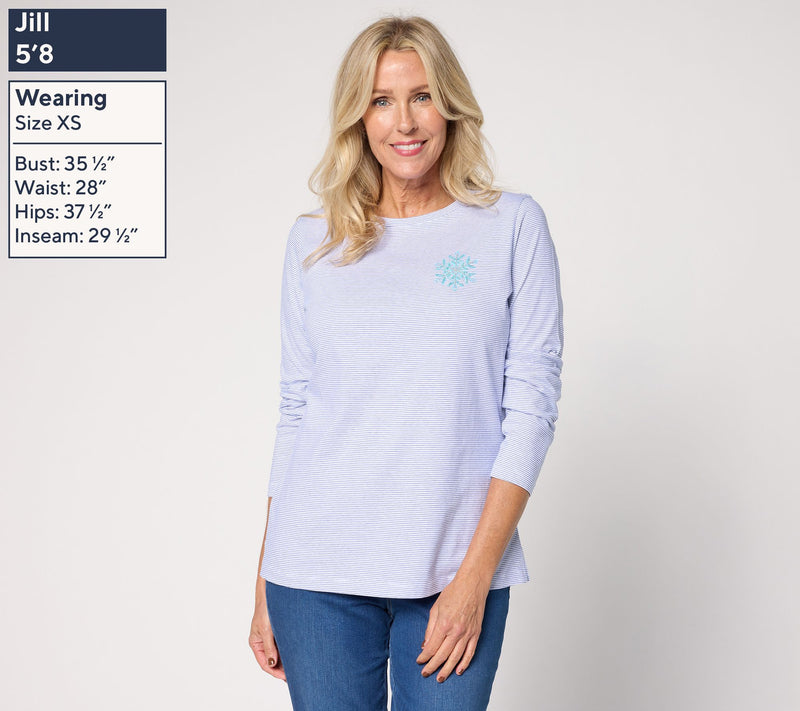 Denim & Co. 100% Cotton Stripe or Solid Snowflake Long Sleeve Top — View 3