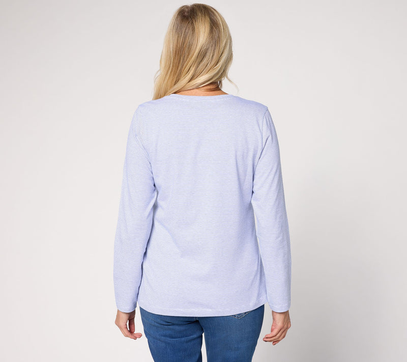 Denim & Co. 100% Cotton Stripe or Solid Snowflake Long Sleeve Top — View 4