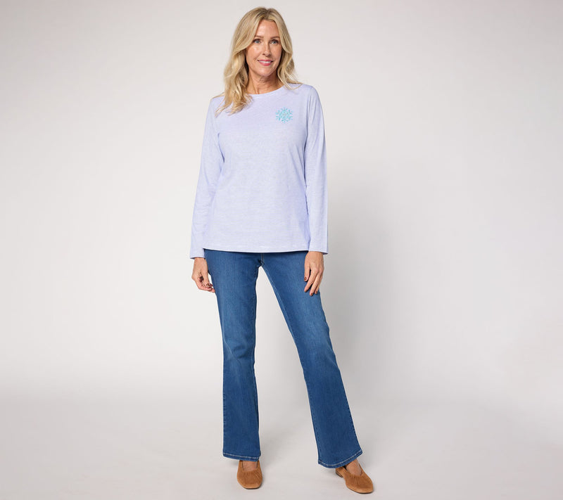 Denim & Co. 100% Cotton Stripe or Solid Snowflake Long Sleeve Top — View 5