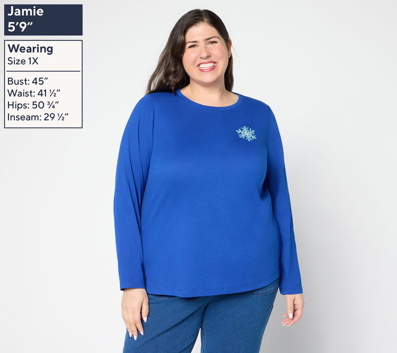 Denim & Co. 100% Cotton Stripe or Solid Snowflake Long Sleeve Top — View 2