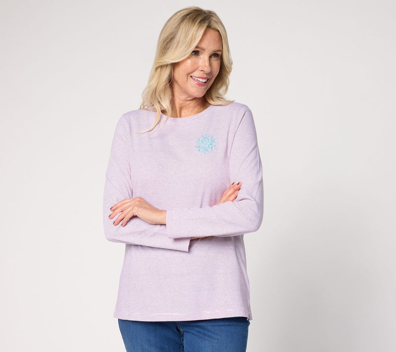 Denim & Co. 100% Cotton Stripe or Solid Snowflake Long Sleeve Top — View 13